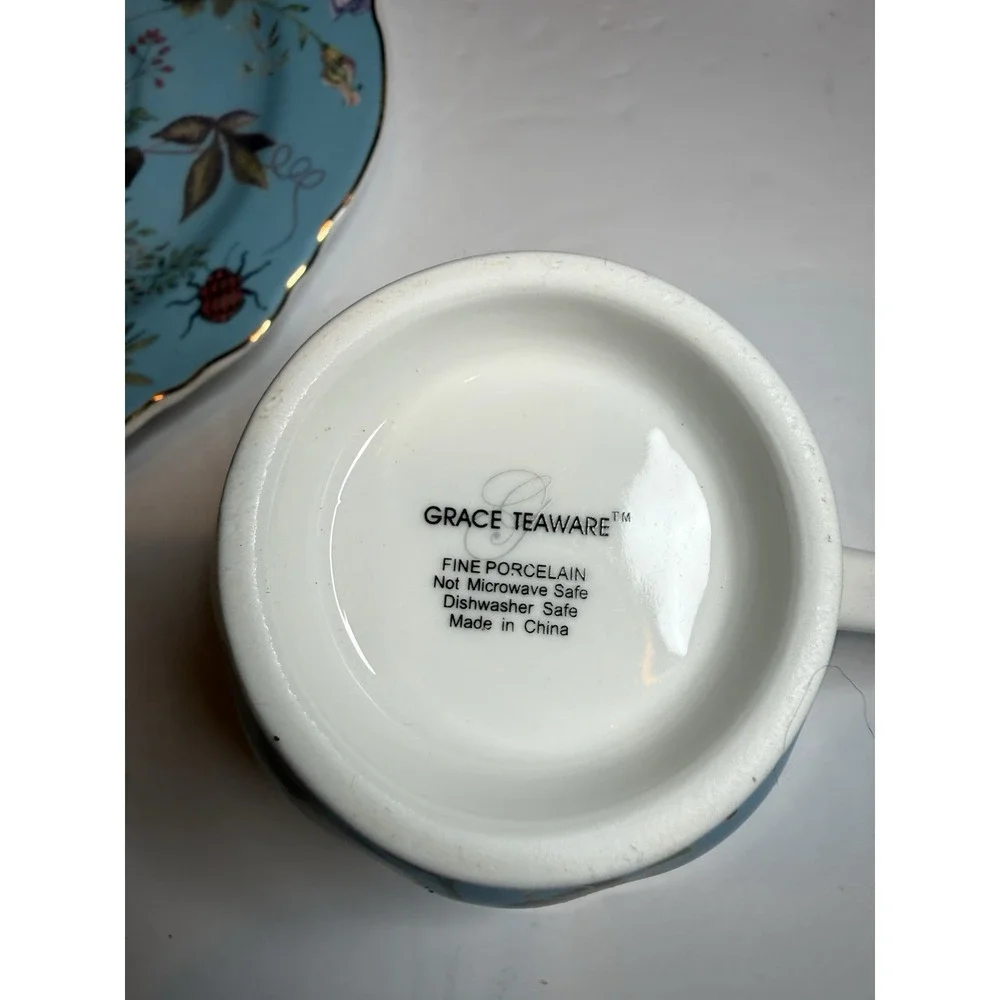 Grace Teaware Blue Floral Garden Oversized Teacup & Saucer Porcelain Gold Trim
